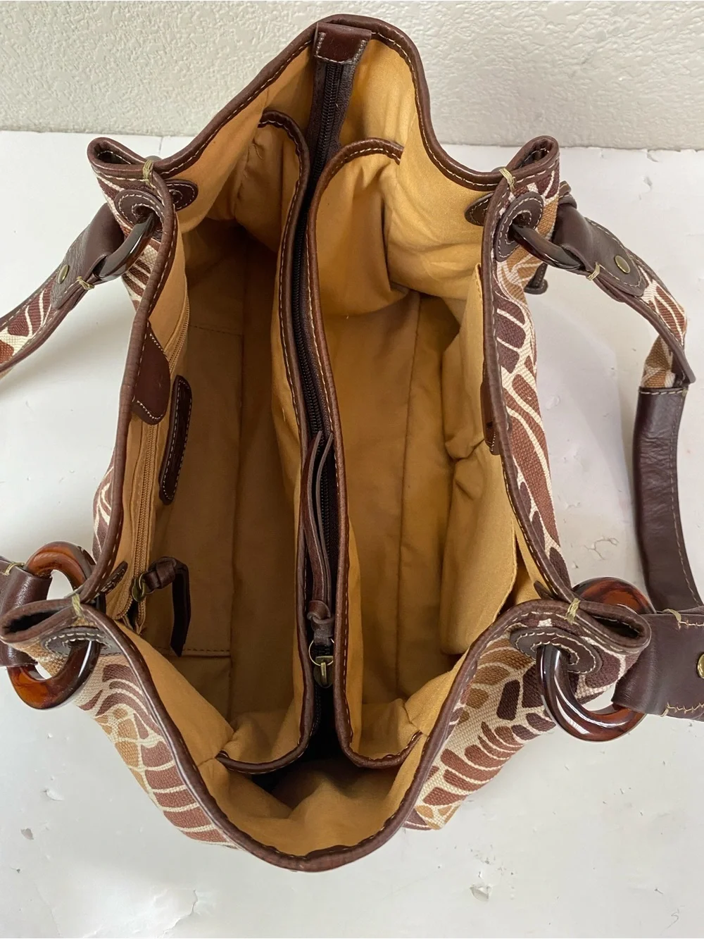 Fossil Tan/Brown Tropical Print Canvas Shoulder Bag